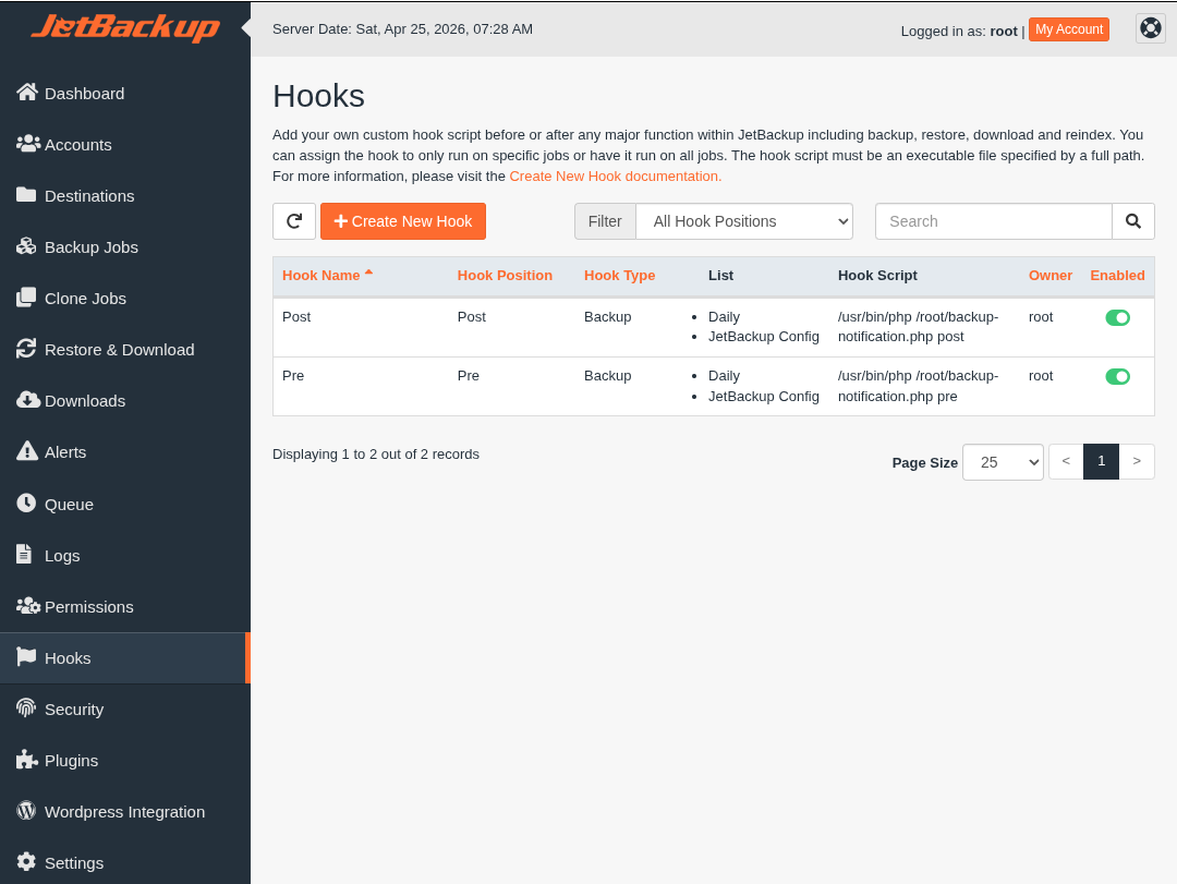 WHM JetBackup hooks: pre- and post-backup commands configured to the same script path