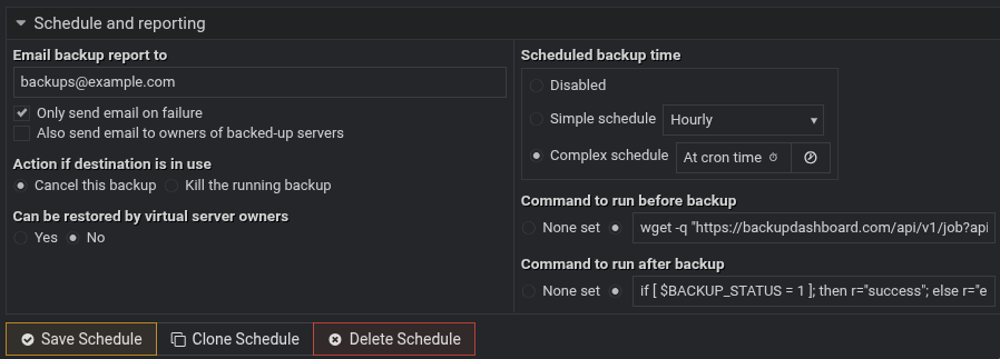 Virtualmin backup schedule commands for before and after hooks